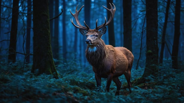 Majestic stag standing in a misty forest at dusk, surrounded by lush greenery and soft blue light photo
