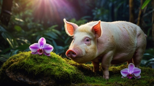 A curious piglet exploring a lush, green forest with vibrant orchids blooming nearby photo