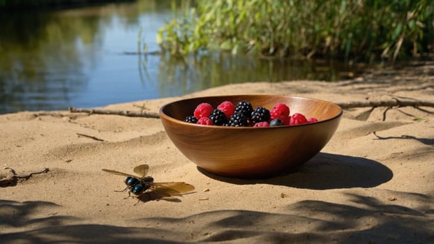 Fresh berries in a wooden bowl on sandy riverbank, with a dragonfly and lush greenery in background photo