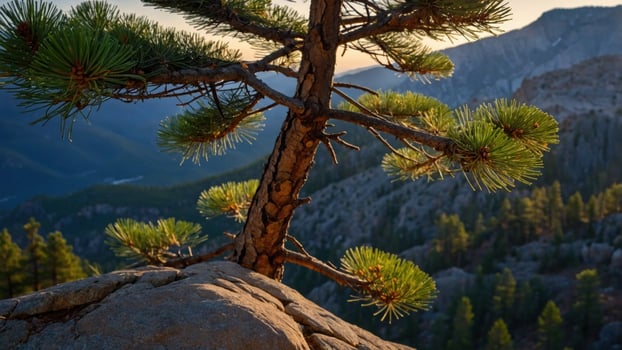 Scenic view of a pine tree clinging to a rocky ledge with mountains in the background at sunset photo