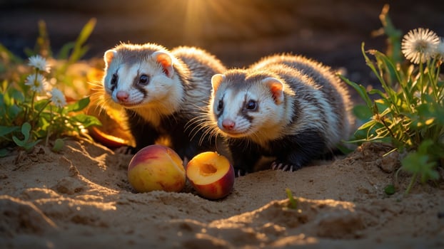 Two playful ferrets exploring a sandy area with apples, surrounded by flowers during sunset photo