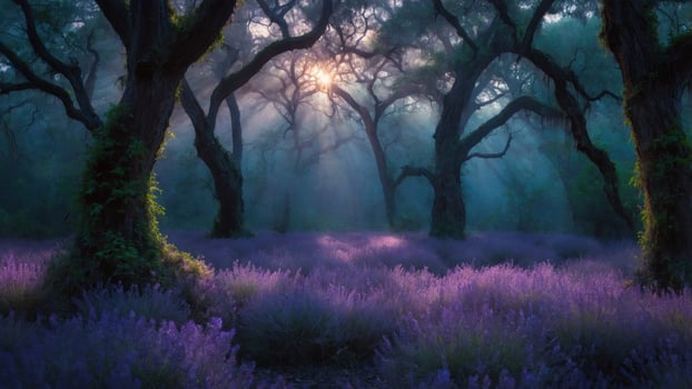 Enchanted forest at dawn with sun rays filtering through ancient trees and blooming lavender fields photo