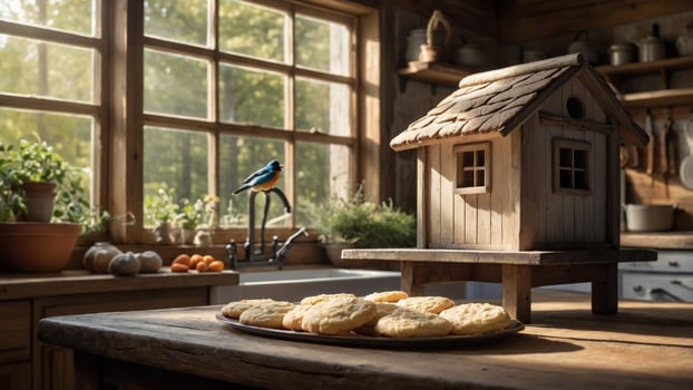 Cozy kitchen scene featuring freshly baked cookies on a wooden table with a birdhouse and greenery photo