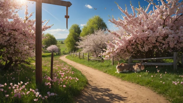 Serene spring pathway lined with cherry blossoms, rabbits resting nearby under a clear blue sky photo