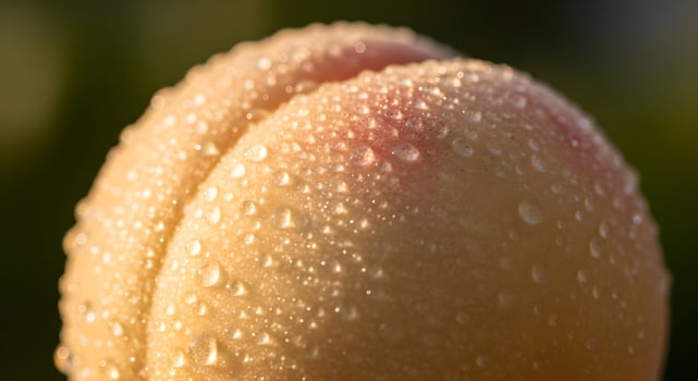 Close up of a fresh peach with water droplets gleaming in the soft light of dawn photo