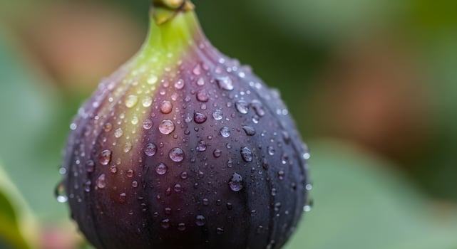 Close up shot capturing a fresh fig fruit covered in water droplets glistening on the surface photo