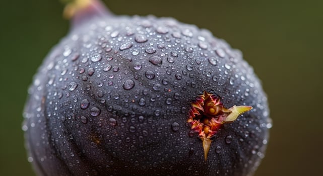 Close up shot of a ripe fig fruit covered with droplets highlighting its texture and details photo