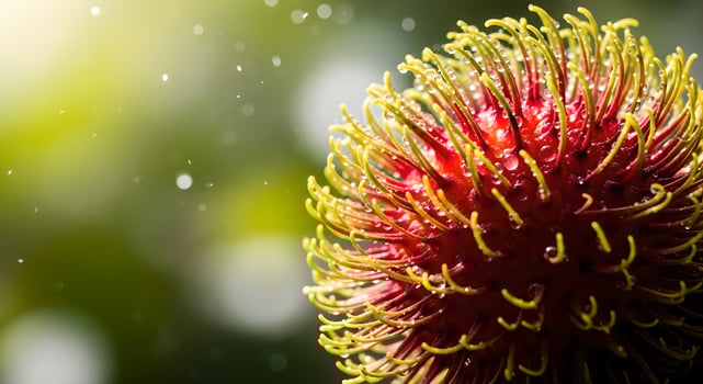 Close up shot of a vibrant red and yellow rambutan fruit with water droplets against a blurred green background photo