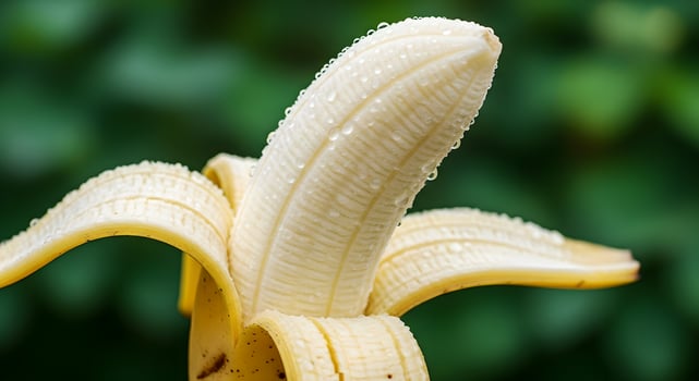 Close-up shot of a peeled banana with water droplets creates a natural and refreshing appearance photo