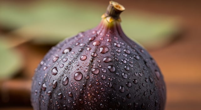Close-up shot showcasing a fresh fig covered in water droplets on a wooden background, evoking freshness photo