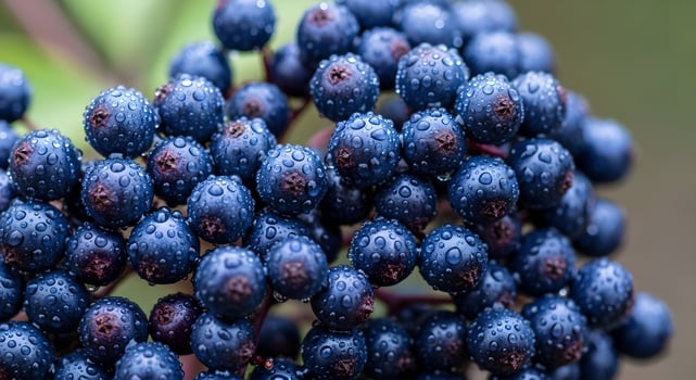 Close-up shot of elderberries with droplets of water clinging on their surface looks very fresh photo