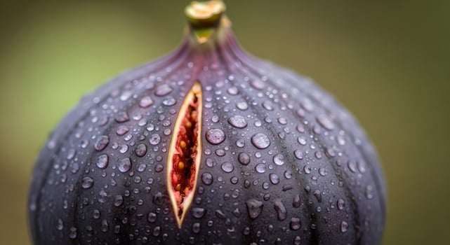 Close-up view of a ripe fig covered in water droplets shows freshness and beauty highlighting the inside photo