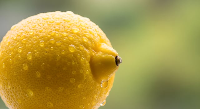 Fresh and zesty lemon fruit gleaming with refreshing water droplets against blurred verdant background perfect for food product promotion photo