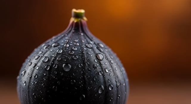 Fresh black fig glistening with water droplets on a dark background creating a luxurious texture close-up photo