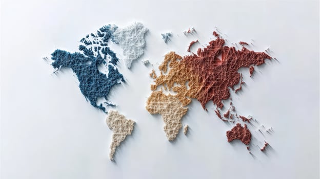 Intricate world map design with colorful thread like patterns representing different regions photo