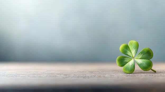 Close up of four leaf clover resting on wooden table, symbolizing luck photo