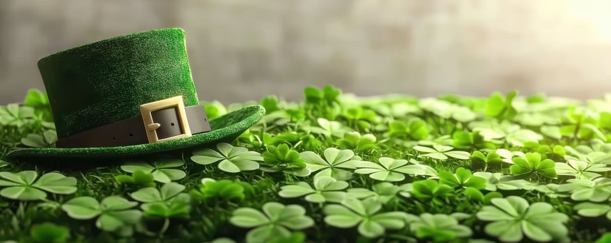 Leprechaun hat resting on vibrant clovers, evoking festive spirit photo
