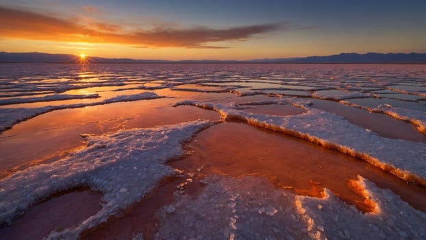 Serene sunset over a salt flat, reflecting vibrant hues on water, with distant mountains in view photo