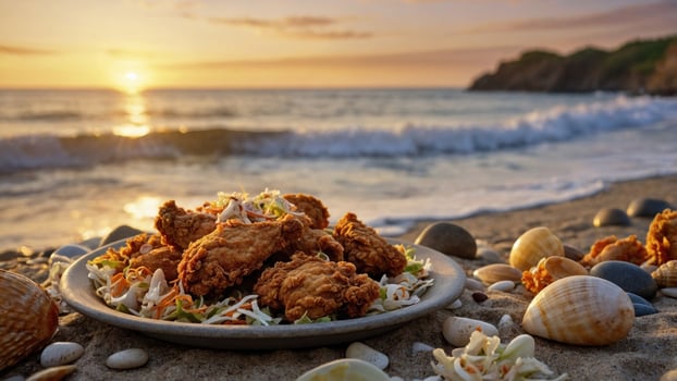 Fried chicken platter with coleslaw on sandy beach at sunset, waves gently crashing in background photo