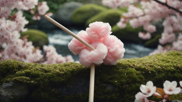 Cotton candy on a stick resting on mossy rocks by a serene stream, surrounded by cherry blossoms photo