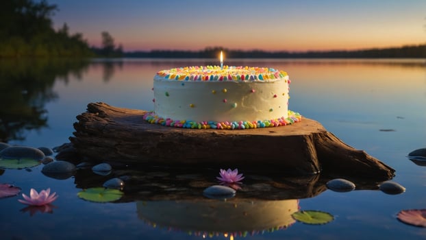 A beautifully decorated birthday cake on a serene lake at sunset, surrounded by flowers and stones photo