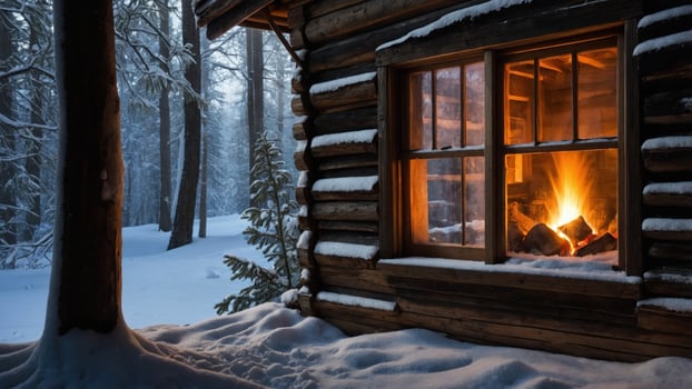 Cozy wooden cabin in a snowy forest at dusk, with a warm fire glowing in the window photo
