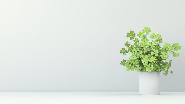 Lush green clovers in white pot against light background photo