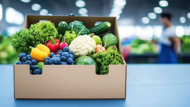 Fresh seasonal vegetables and fruits in box photo