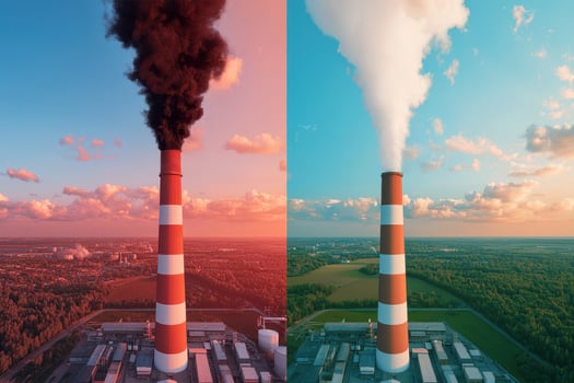 Industrial smokestack emitting pollution and clean air contrast photo