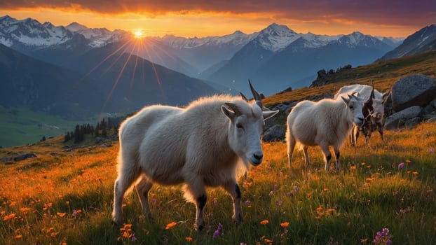 Majestic mountain goats grazing in a vibrant alpine meadow at sunset, surrounded by stunning peaks photo