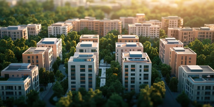 Modern urban residential area with green trees and sunlight photo