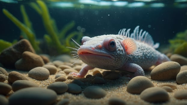 Unique underwater scene featuring a fascinating fish exploring a sandy riverbed surrounded by plants photo