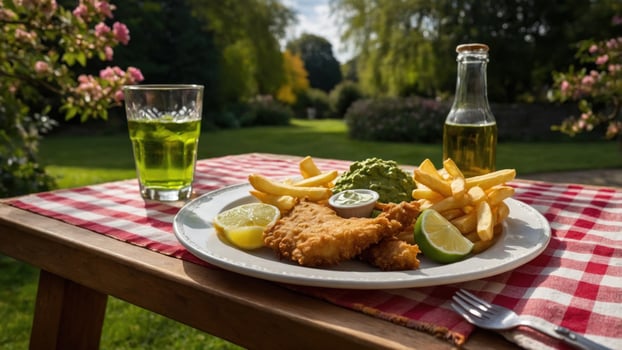 Delicious fish and chips served on a picnic table in a lush garden with vibrant greenery and drinks photo