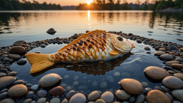 Realistic fish sculpture resting on smooth pebbles by a serene lake at sunset, reflecting nature's beauty photo