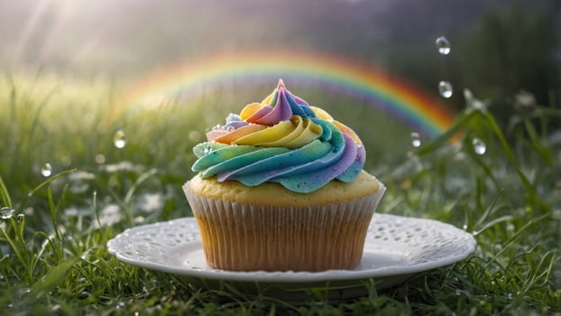 Colorful cupcake with rainbow frosting on a plate in a grassy field under a rainbow backdrop photo