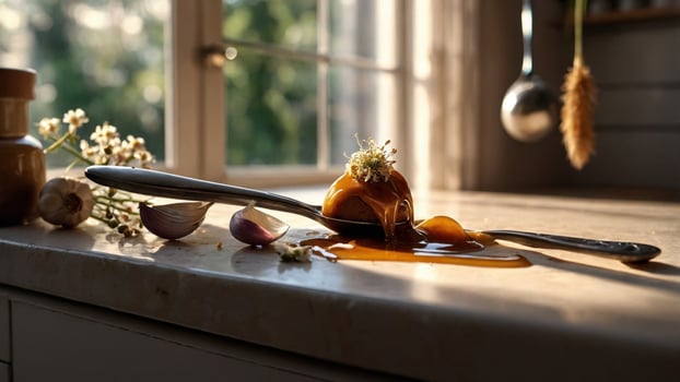 A close-up view of a spoon with melted caramel and flowers, set on a kitchen countertop with sunlight photo