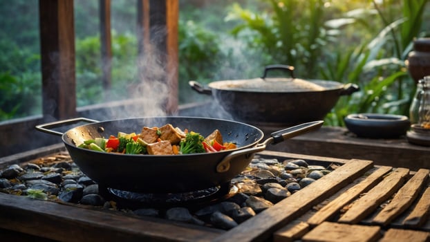 A wok with food cooking on a table photo