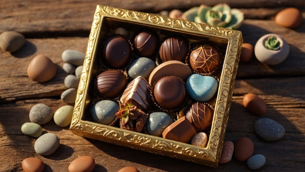 Assorted gourmet chocolates arranged elegantly in a decorative box on a wooden surface with pebbles photo