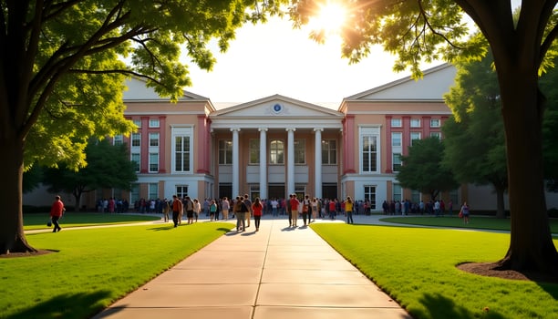 Campus Life University Building with Students on a Sunny Day photo