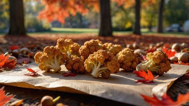 Vibrant autumn scene featuring fresh cauliflower on rustic paper amidst colorful fallen leaves photo
