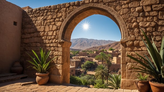 Scenic view of a sunlit valley through an arched stone window, showcasing lush greenery and mountains photo