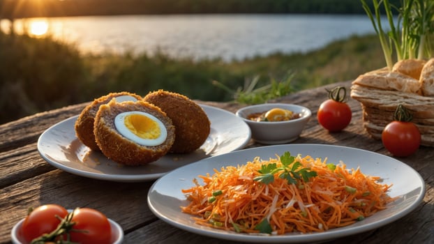 Golden fried scotch eggs served with fresh carrot salad and cherry tomatoes by a serene lakeside at sunset photo