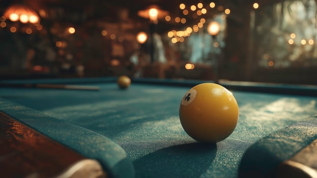 Yellow Billiard Ball on Pool Table with Bokeh Lights in Background at Night photo