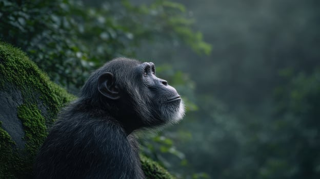 Chimpanzee Gazing Thoughtfully In Lush Forest Environment. Wildlife Conservation And Natural Habitat photo