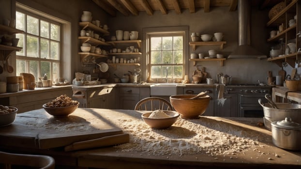 Rustic kitchen interior with wooden shelves filled with pottery, bowls of ingredients on a table, sunlight photo