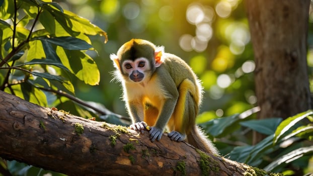 Playful monkey climbing on a tree branch in a lush green forest during golden hour sunlight photo