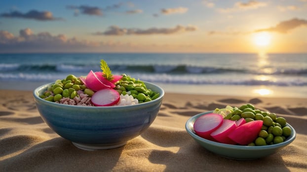 Two colorful bowls of fresh salad with greens and radishes on a sandy beach at sunset photo