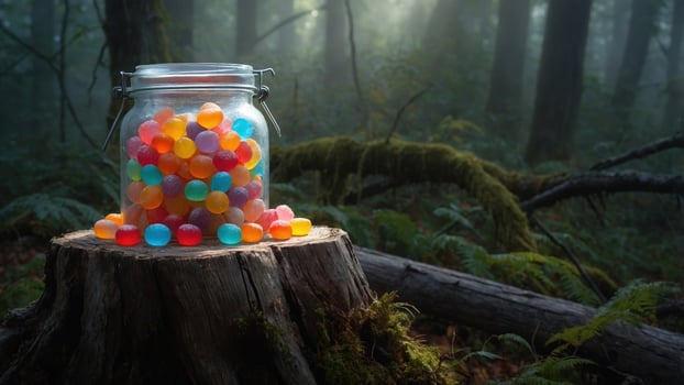 Colorful jelly candies in a glass jar on a tree stump surrounded by a misty forest backdrop photo