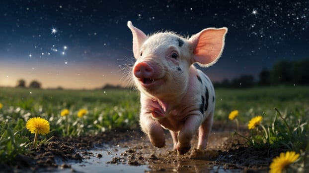Playful piglet running through a field of dandelions at sunset with a starry sky in the background photo