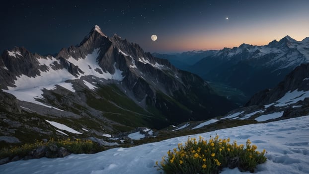 Majestic mountain landscape at twilight with blooming flowers in foreground and starry sky photo